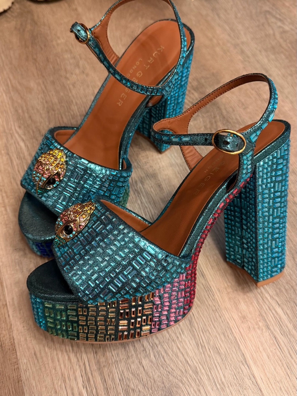 Kurt Geiger Metallic Teal Platform Block Heels with Multicolor Mosaic